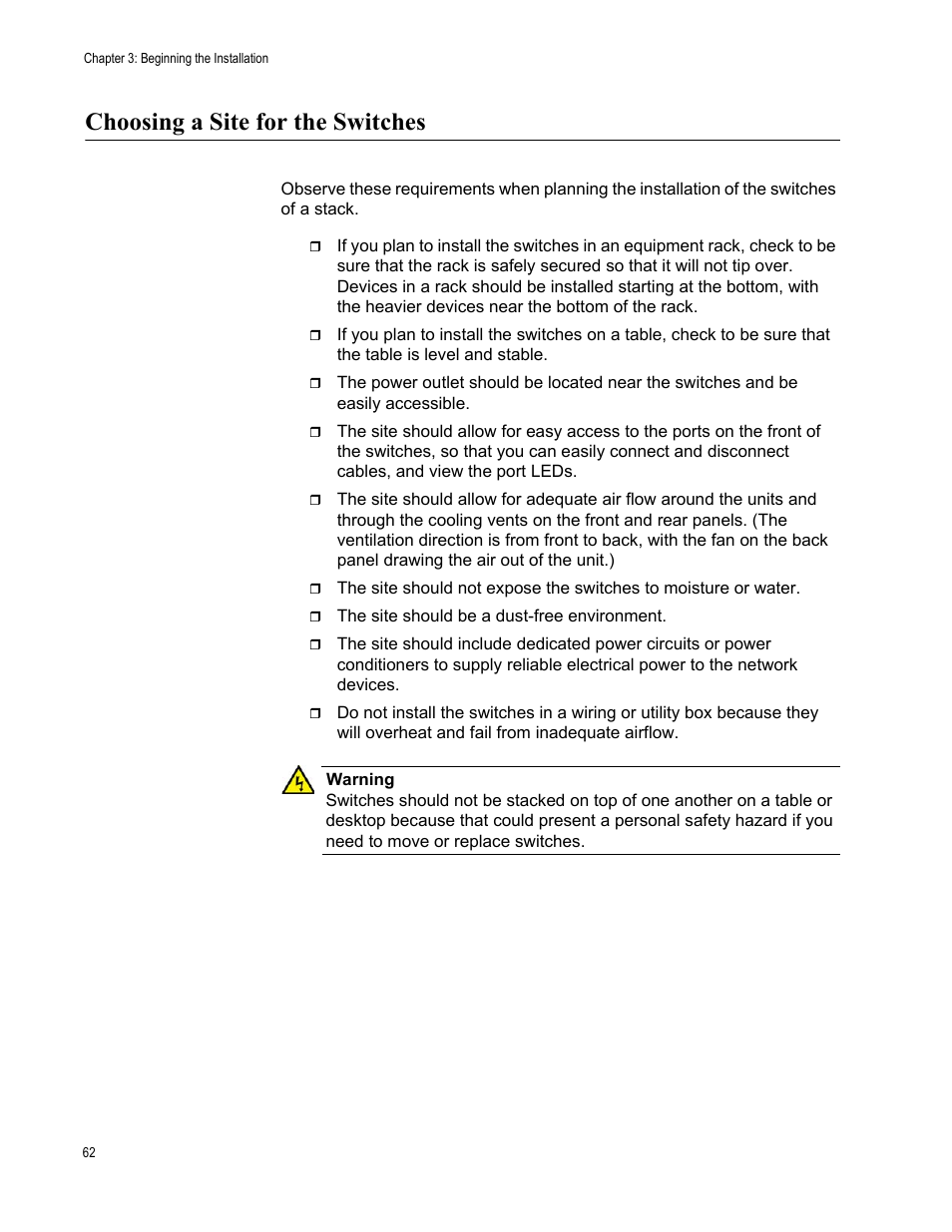 Choosing a site for the switches | Allied Telesis x510 Series User Manual | Page 62 / 122