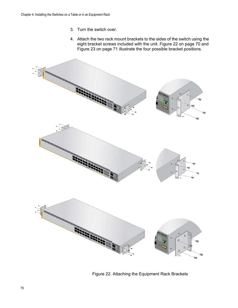 Figure 22: attaching the equipment rack brackets | Allied Telesis x510 Series User Manual | Page 70 / 122