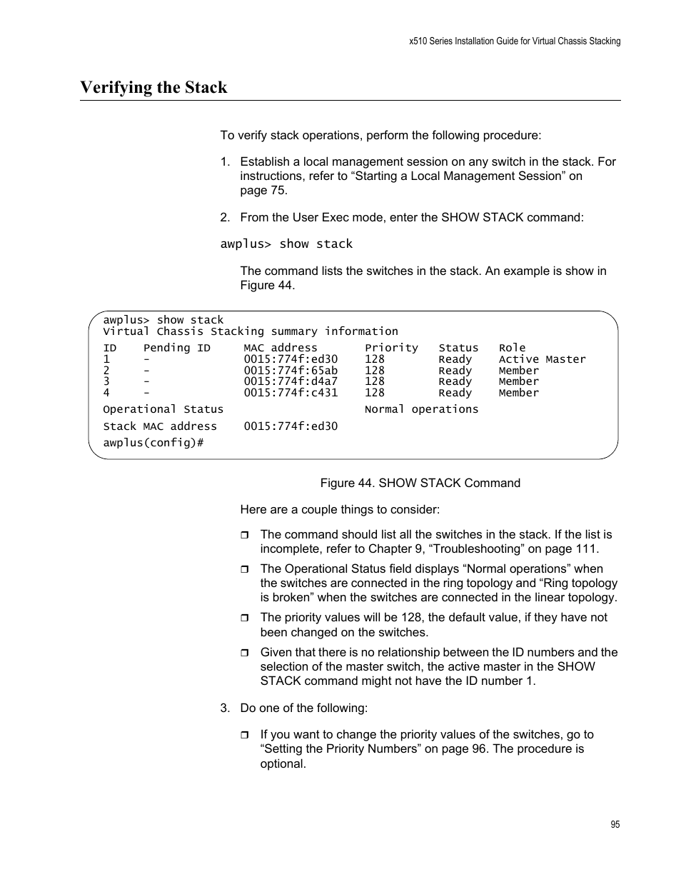 Verifying the stack, Figure 44: show stack command | Allied Telesis x510 Series User Manual | Page 95 / 122