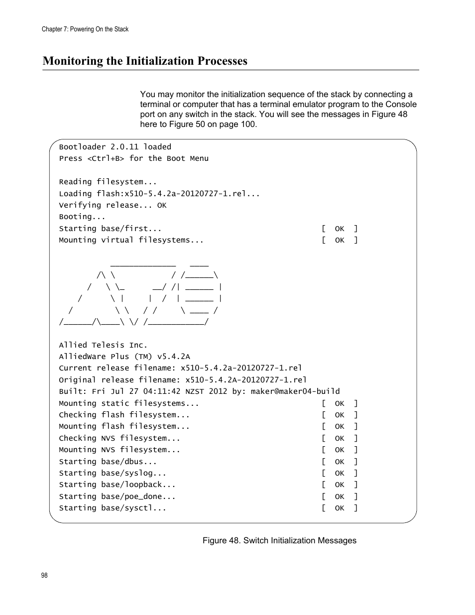 Monitoring the initialization processes, Figure 48: switch initialization messages | Allied Telesis x510 Series User Manual | Page 98 / 122