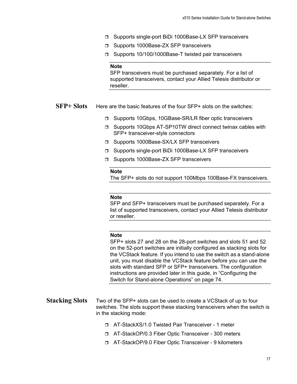 Sfp+ slots, Stacking slots, Sfp+ slots stacking slots | Allied Telesis x510 Series User Manual | Page 17 / 90