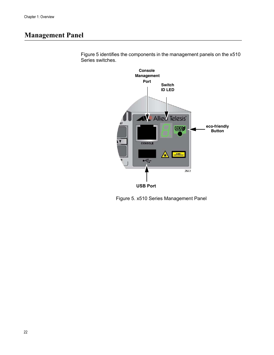 Management panel, Figure 5: x510 series management panel | Allied Telesis x510 Series User Manual | Page 22 / 90