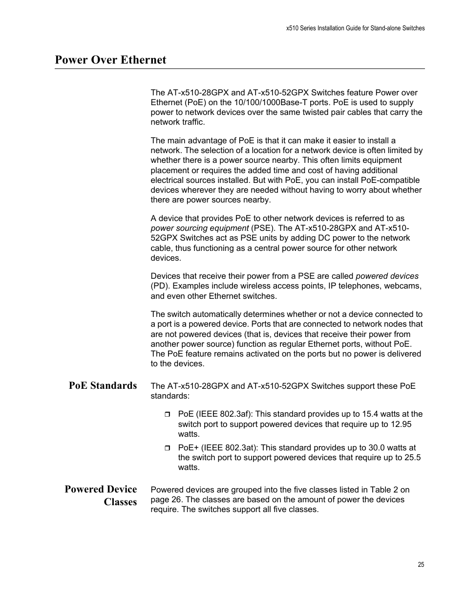 Power over ethernet, Poe standards, Powered device classes | Poe standards powered device classes | Allied Telesis x510 Series User Manual | Page 25 / 90