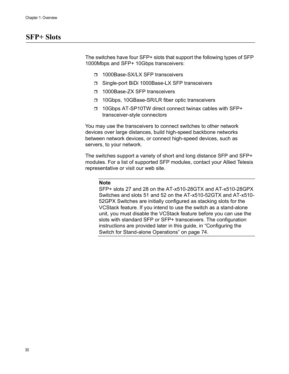 Sfp+ slots | Allied Telesis x510 Series User Manual | Page 30 / 90