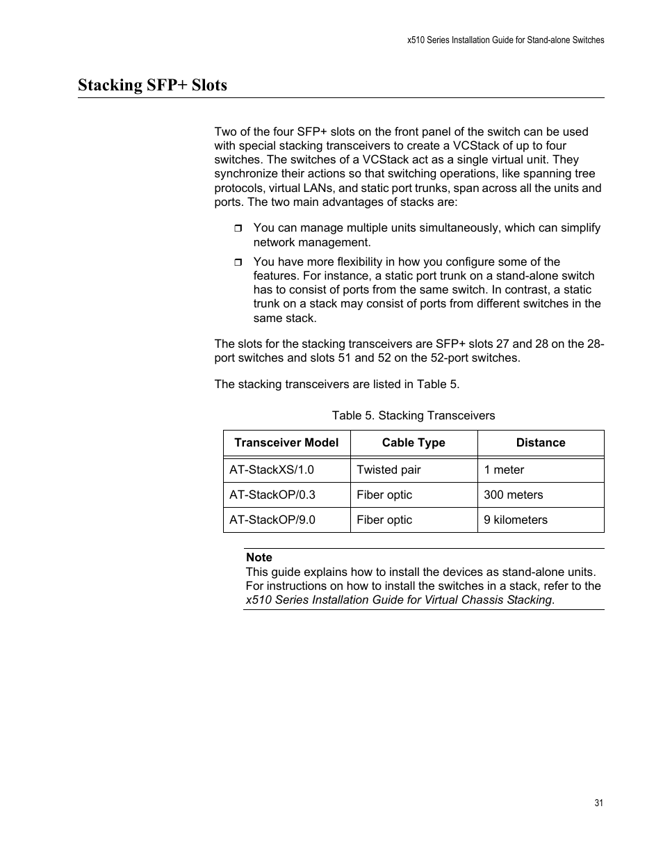 Stacking sfp+ slots, Table 5: stacking transceivers | Allied Telesis x510 Series User Manual | Page 31 / 90