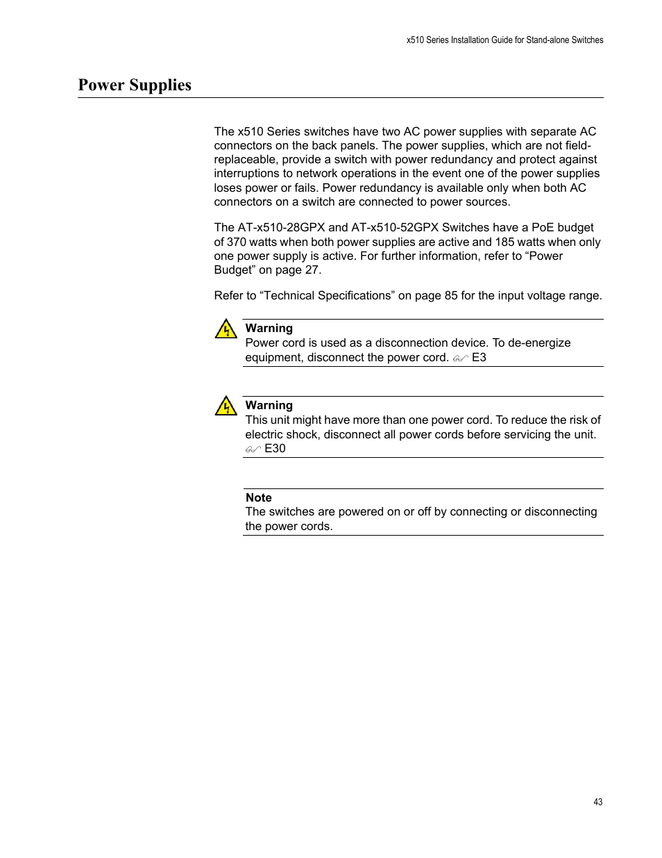 Power supplies | Allied Telesis x510 Series User Manual | Page 43 / 90
