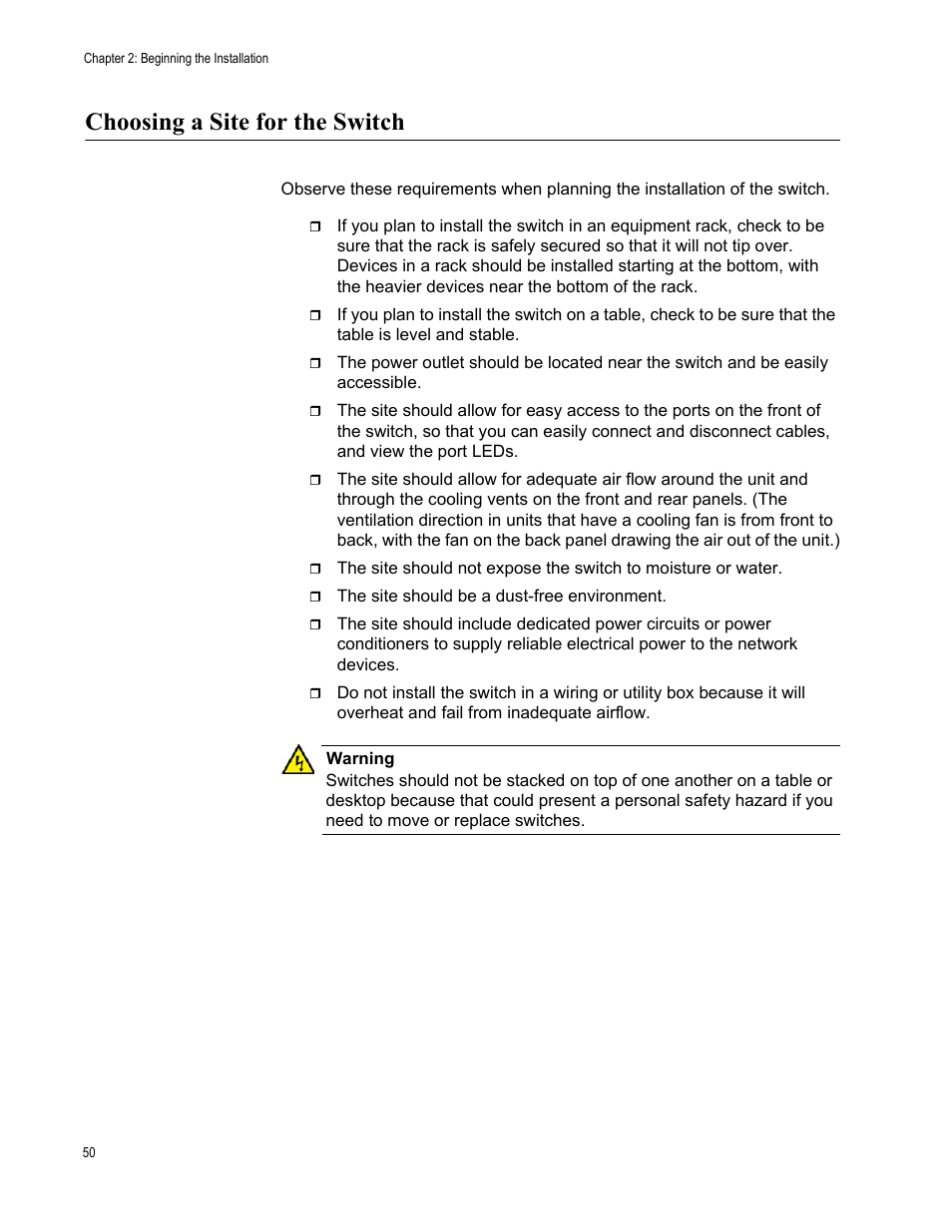 Choosing a site for the switch | Allied Telesis x510 Series User Manual | Page 50 / 90