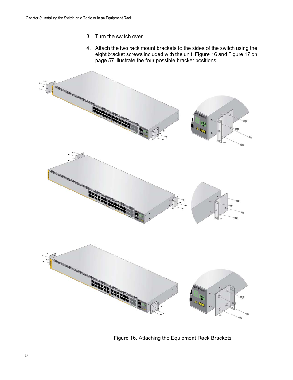 Figure 16: attaching the equipment rack brackets | Allied Telesis x510 Series User Manual | Page 56 / 90