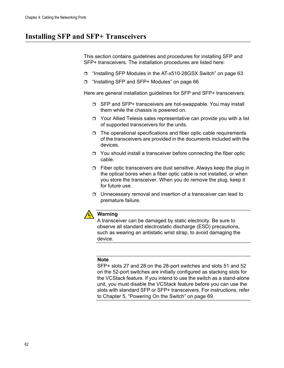 Installing sfp and sfp+ transceivers | Allied Telesis x510 Series User Manual | Page 62 / 90