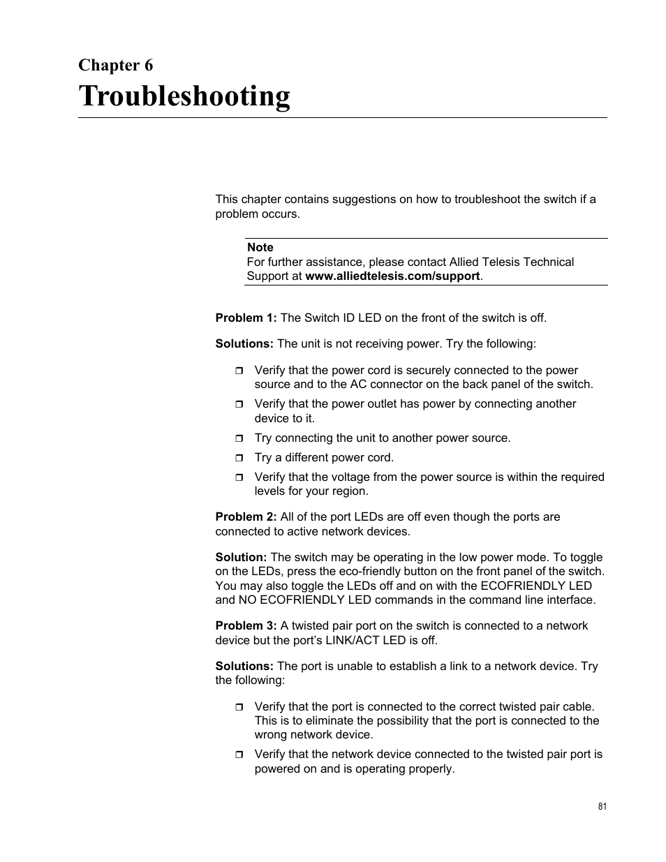 Chapter 6, Troubleshooting, R 6: troubleshooting | Allied Telesis x510 Series User Manual | Page 81 / 90
