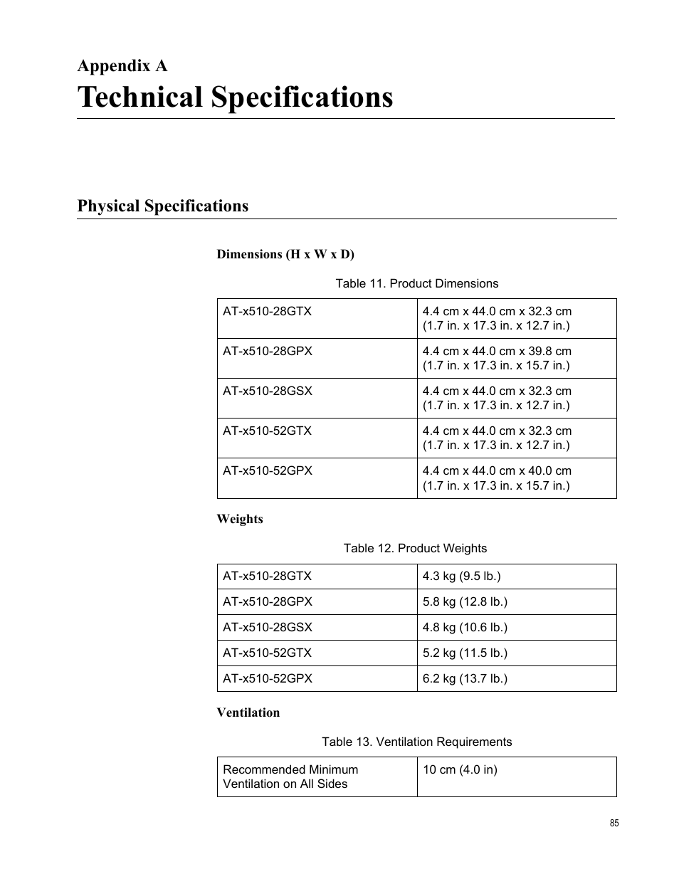 Appendix a, Technical specifications, Physical specifications | Appendix a: technical specifications | Allied Telesis x510 Series User Manual | Page 85 / 90