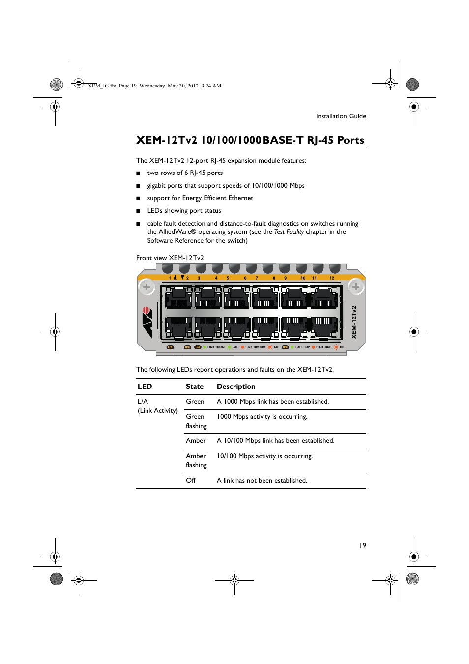 Xem-12tv2 10/100/1000 base-t rj-45 ports | Allied Telesis x900 Series Switch and SwitchBlade x908 Expansion Module User Manual | Page 19 / 31