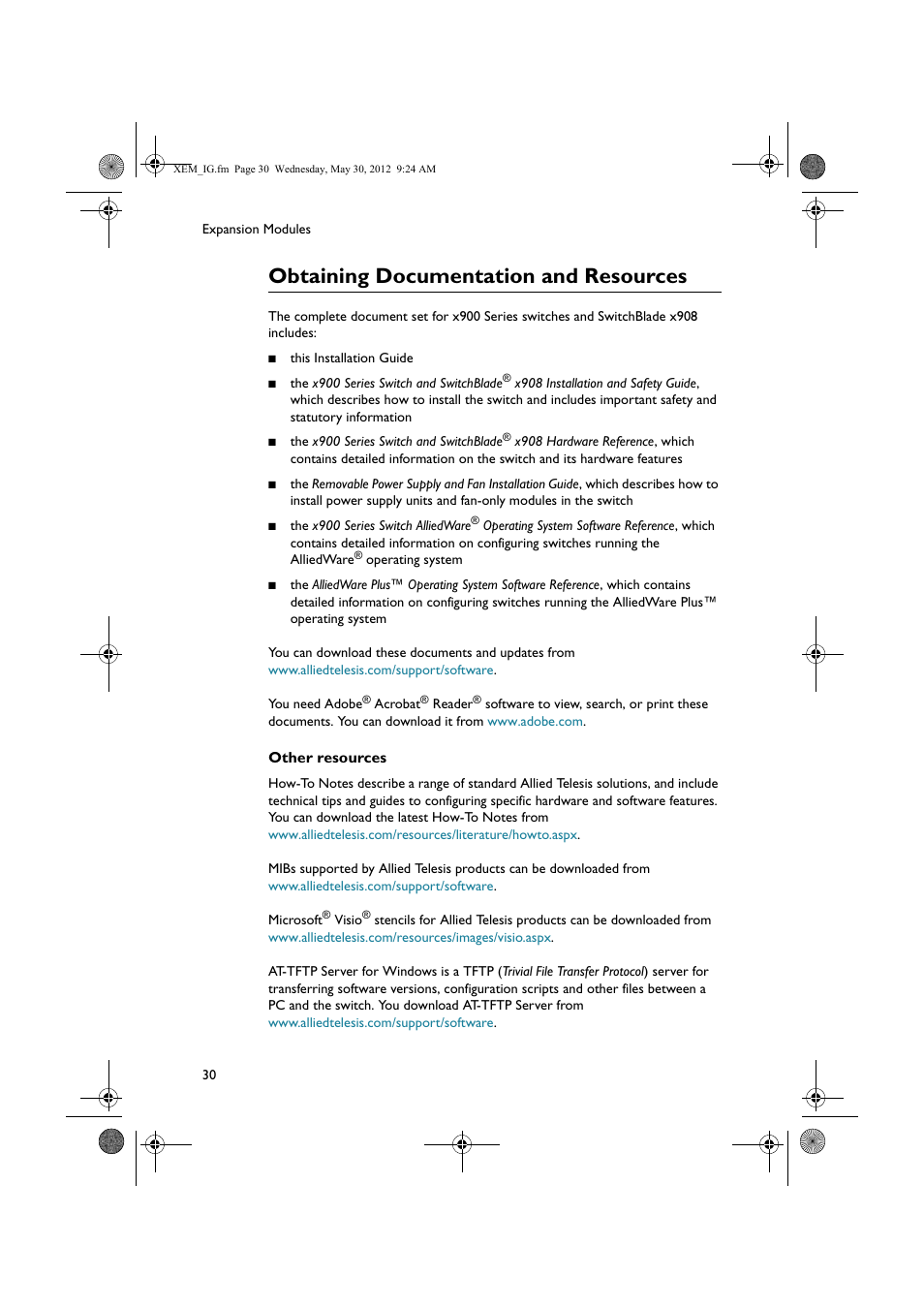 Obtaining documentation and resources, Obtaining | Allied Telesis x900 Series Switch and SwitchBlade x908 Expansion Module User Manual | Page 30 / 31