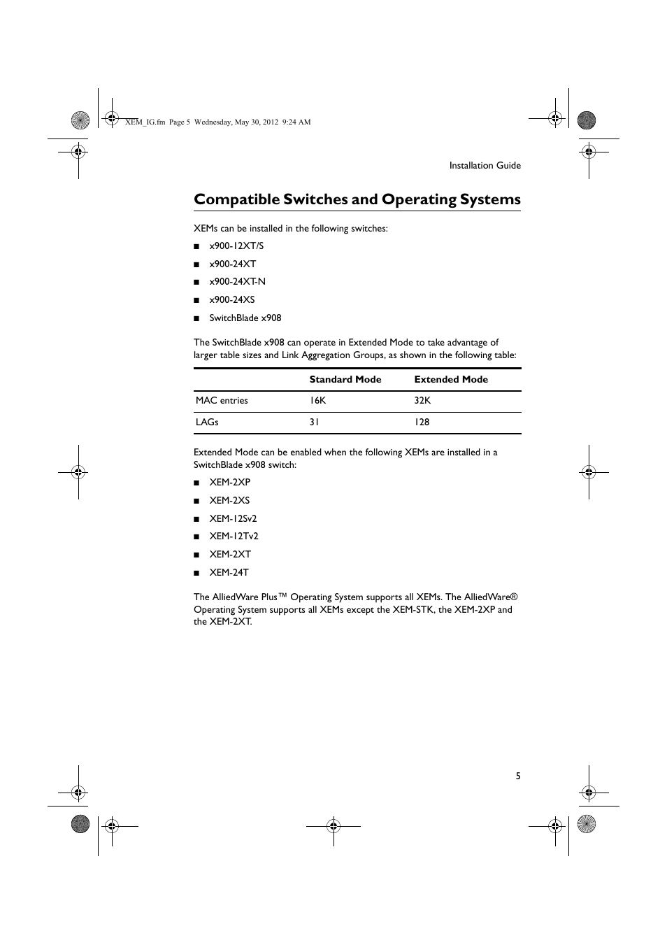 Compatible switches and operating systems | Allied Telesis x900 Series Switch and SwitchBlade x908 Expansion Module User Manual | Page 5 / 31