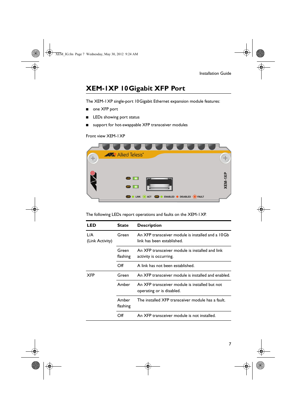 Xem-1xp 10 gigabit xfp port | Allied Telesis x900 Series Switch and SwitchBlade x908 Expansion Module User Manual | Page 7 / 31