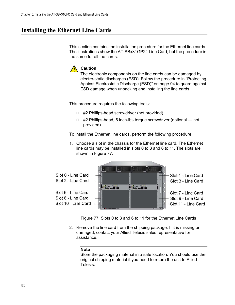 Installing the ethernet line cards | Allied Telesis SwitchBlade x3112 User Manual | Page 120 / 222