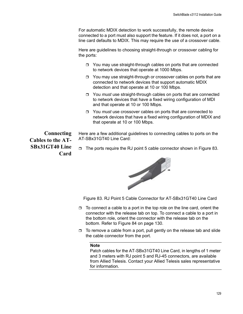 Connecting cables to the at- sbx31gt40 line card, Connecting cables to the at-sbx31gt40 line card | Allied Telesis SwitchBlade x3112 User Manual | Page 129 / 222