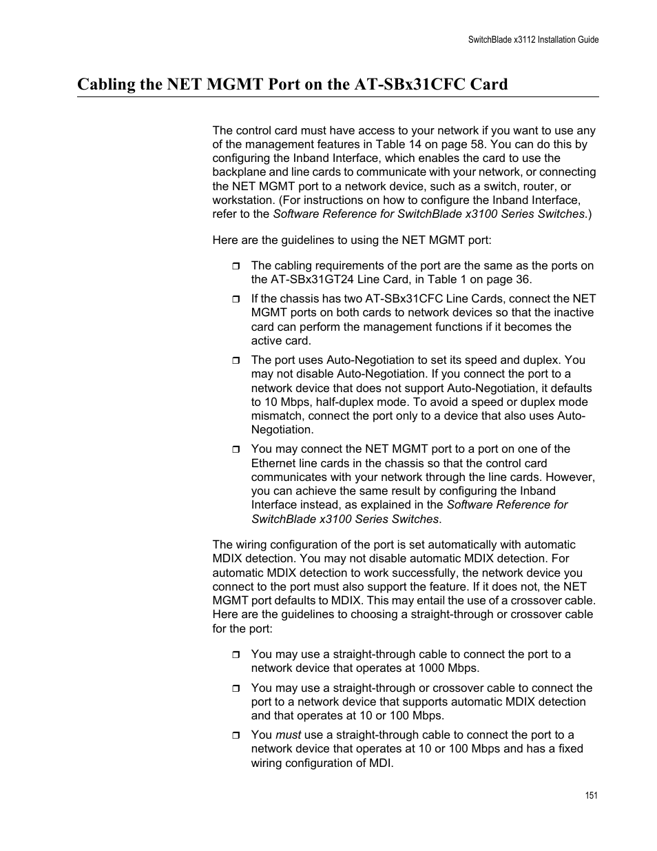 Cabling the net mgmt port on the at-sbx31cfc card | Allied Telesis SwitchBlade x3112 User Manual | Page 151 / 222