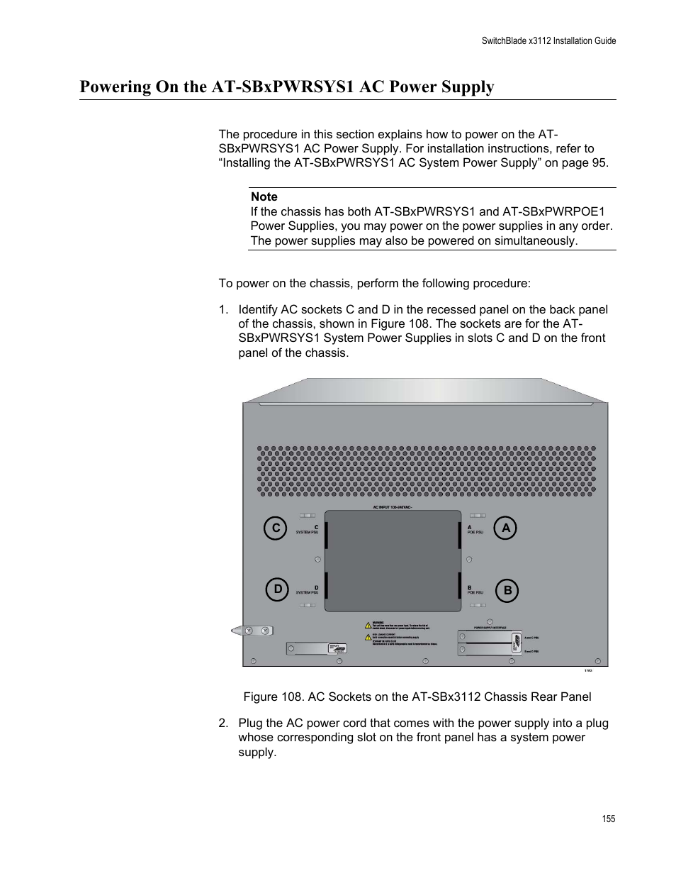 Powering on the at-sbxpwrsys1 ac power supply | Allied Telesis SwitchBlade x3112 User Manual | Page 155 / 222