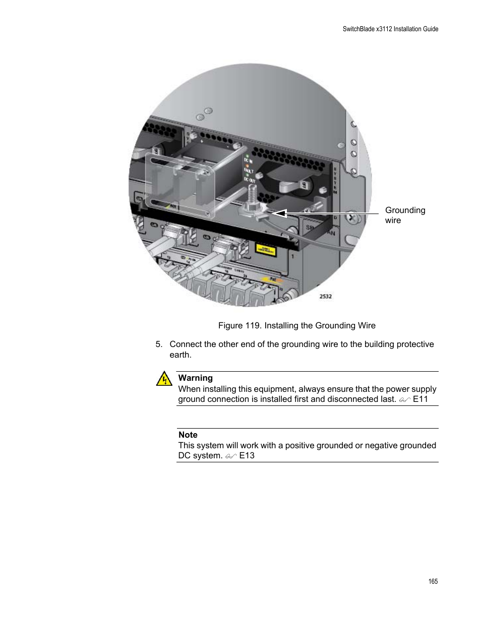 Figure 119: installing the grounding wire | Allied Telesis SwitchBlade x3112 User Manual | Page 165 / 222