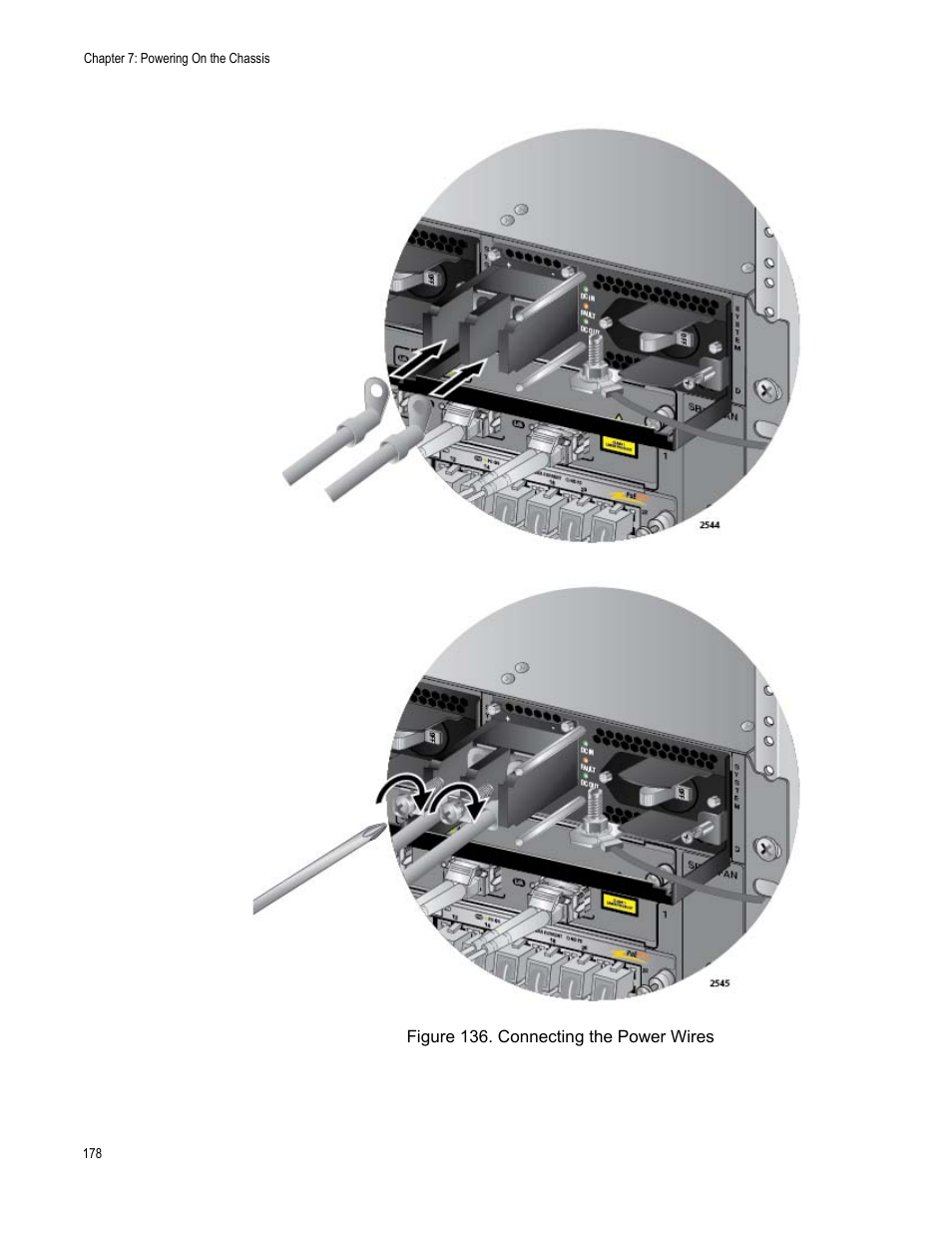 Figure 136: connecting the power wires | Allied Telesis SwitchBlade x3112 User Manual | Page 178 / 222