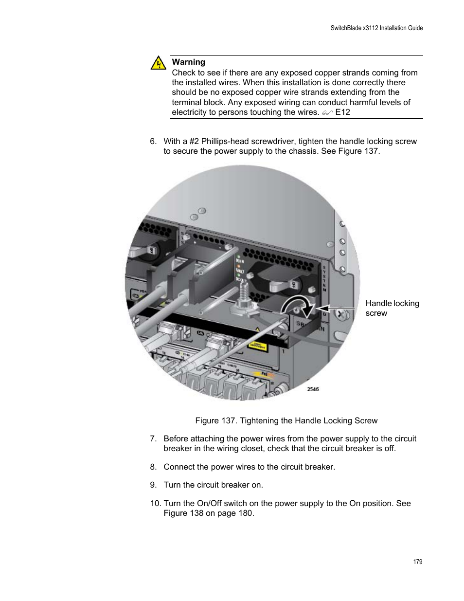 Figure 137: tightening the handle locking screw | Allied Telesis SwitchBlade x3112 User Manual | Page 179 / 222