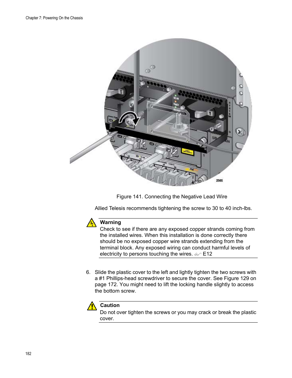 Figure 141: connecting the negative lead wire | Allied Telesis SwitchBlade x3112 User Manual | Page 182 / 222