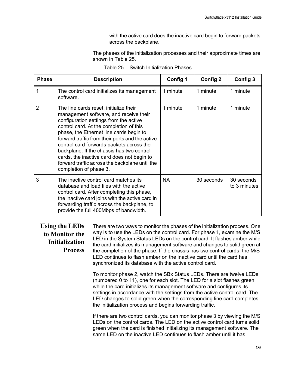 Table 25. switch initialization phases | Allied Telesis SwitchBlade x3112 User Manual | Page 185 / 222