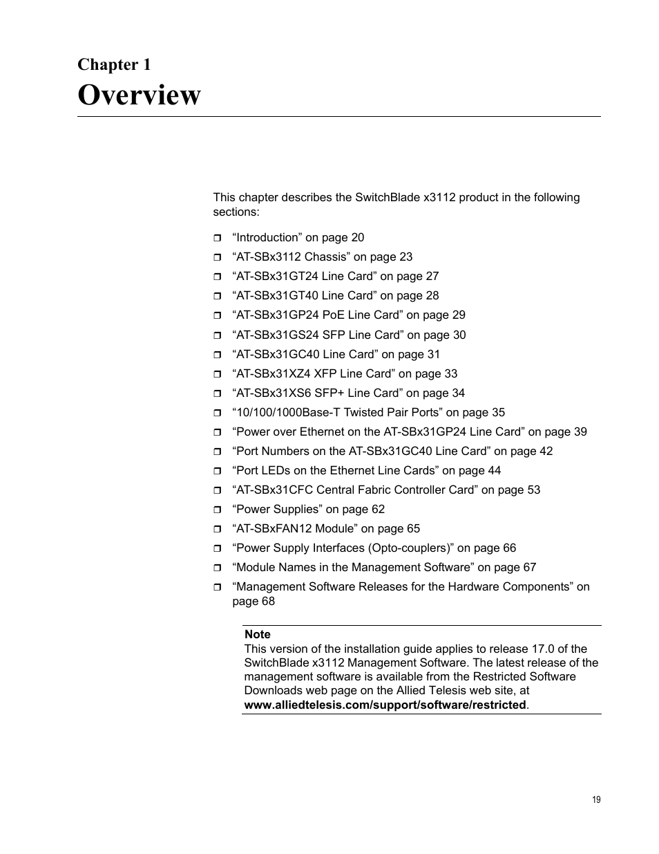 Chapter 1, Overview, Chapter 1: overview | Allied Telesis SwitchBlade x3112 User Manual | Page 19 / 222