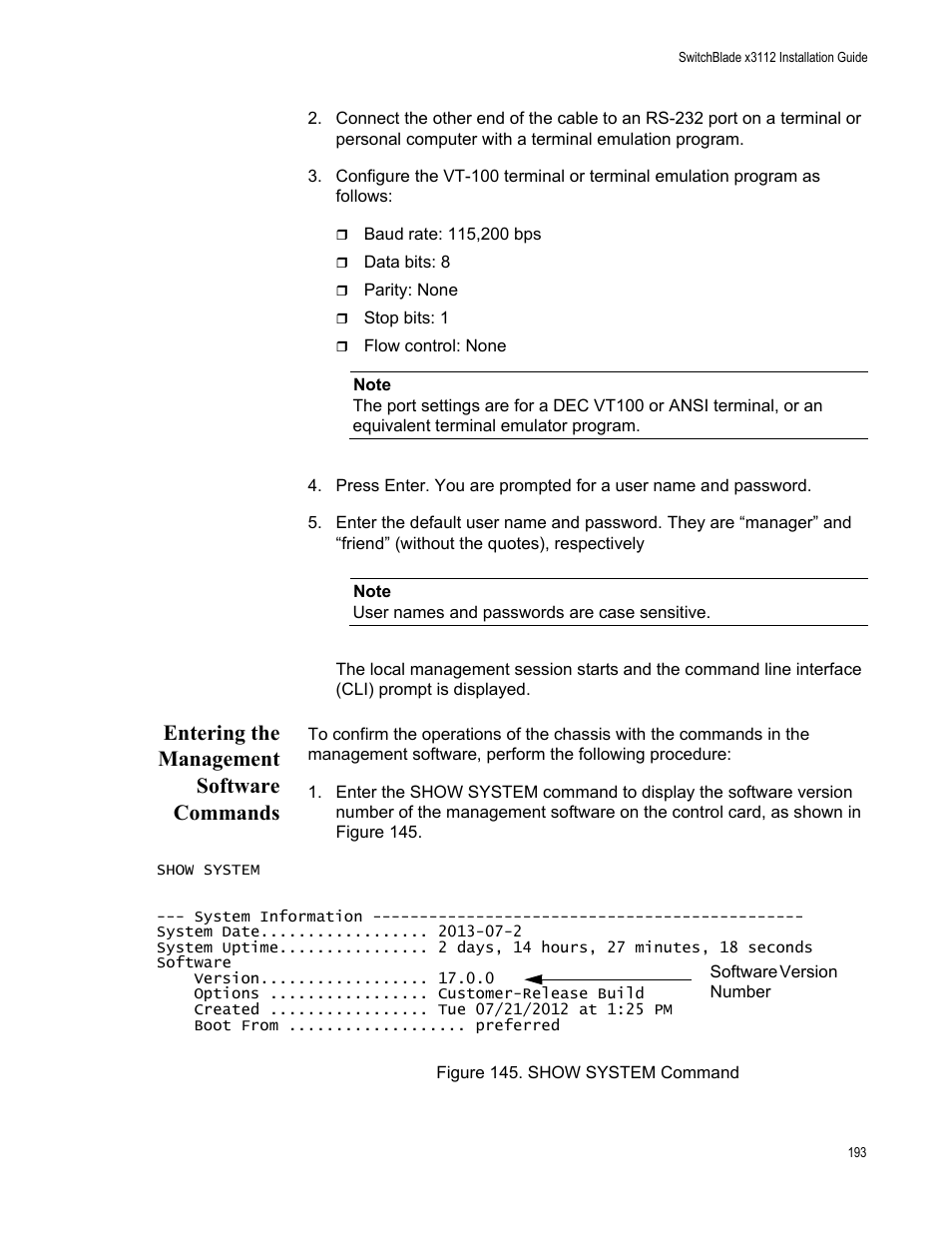 Entering the management software commands, Figure 145: show system command | Allied Telesis SwitchBlade x3112 User Manual | Page 193 / 222