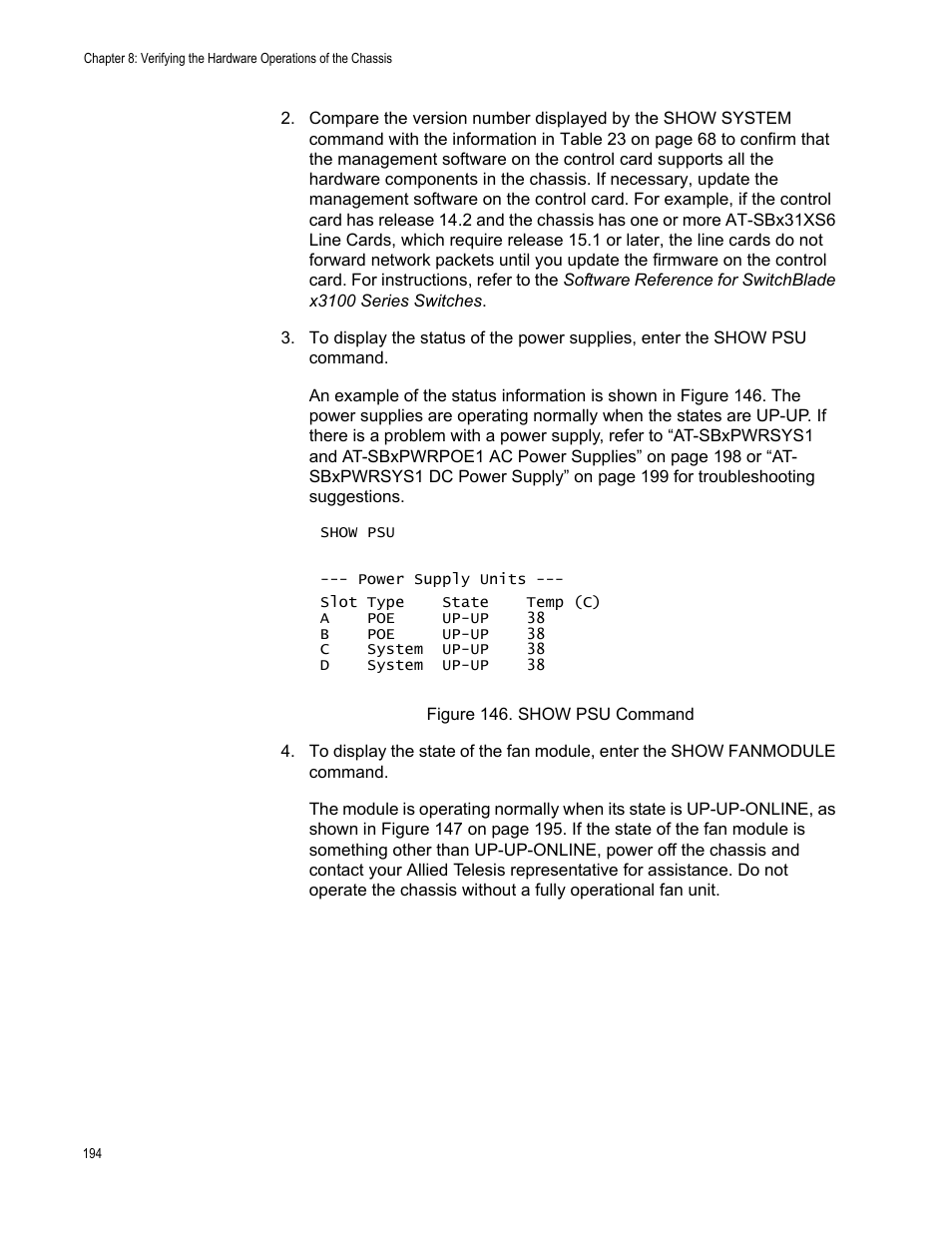 Figure 146: show psu command | Allied Telesis SwitchBlade x3112 User Manual | Page 194 / 222