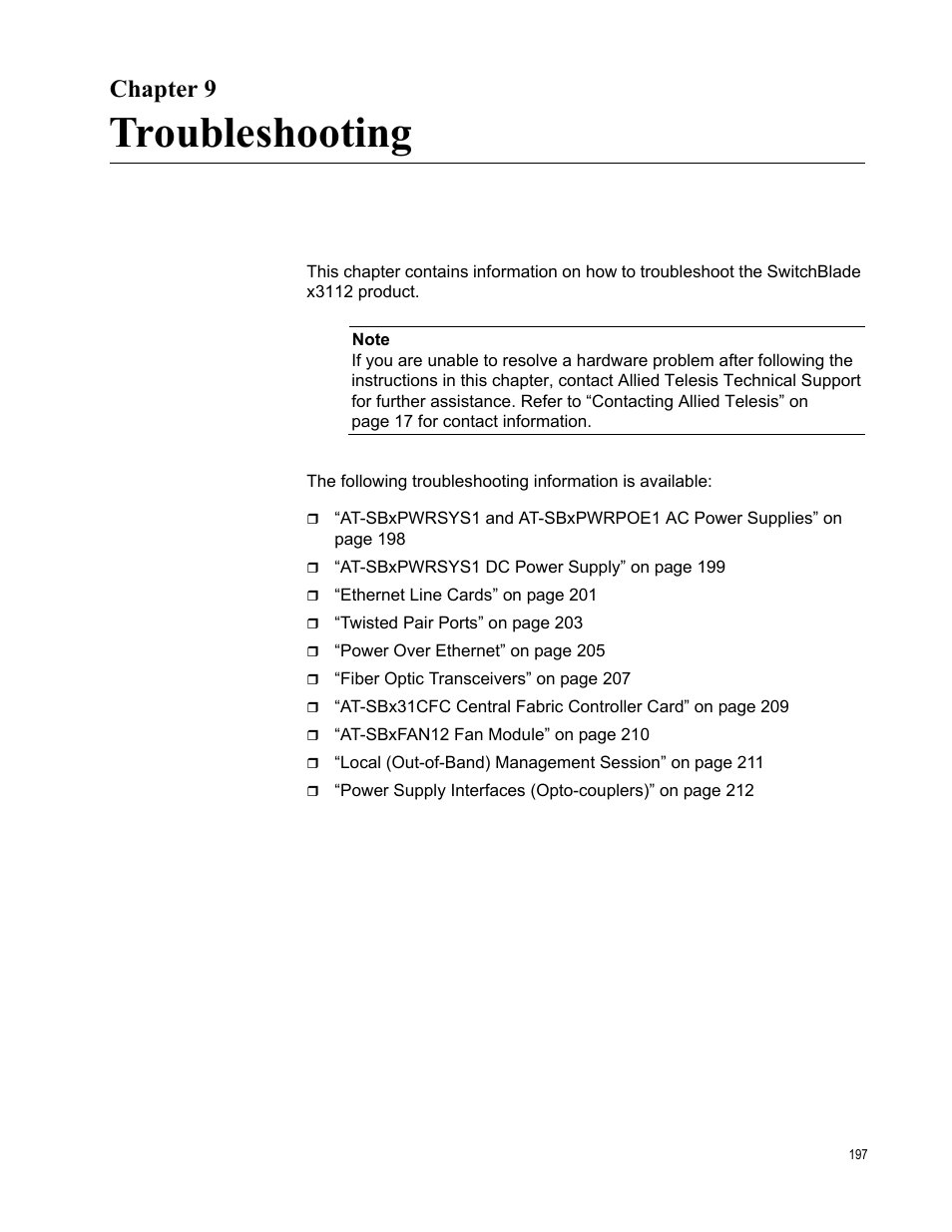 Chapter 9, Troubleshooting, Chapter 9: troubleshooting | Allied Telesis SwitchBlade x3112 User Manual | Page 197 / 222