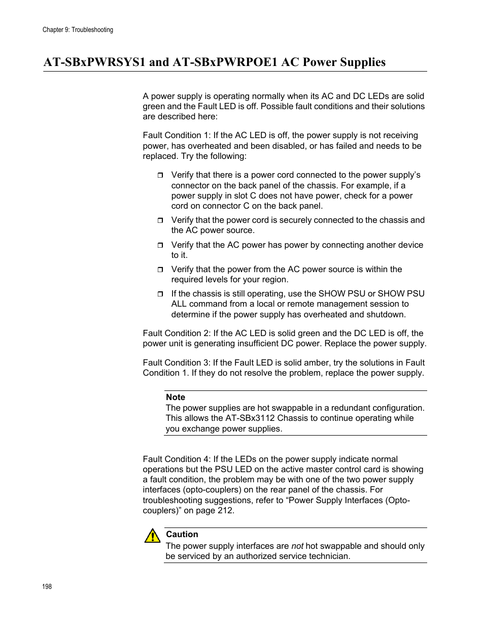 At-sbxpwrsys1 and at-sbxpwrpoe1 ac power supplies | Allied Telesis SwitchBlade x3112 User Manual | Page 198 / 222