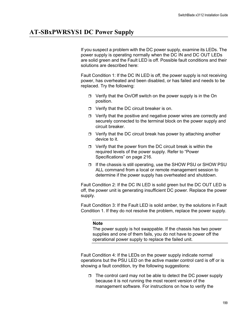 At-sbxpwrsys1 dc power supply | Allied Telesis SwitchBlade x3112 User Manual | Page 199 / 222