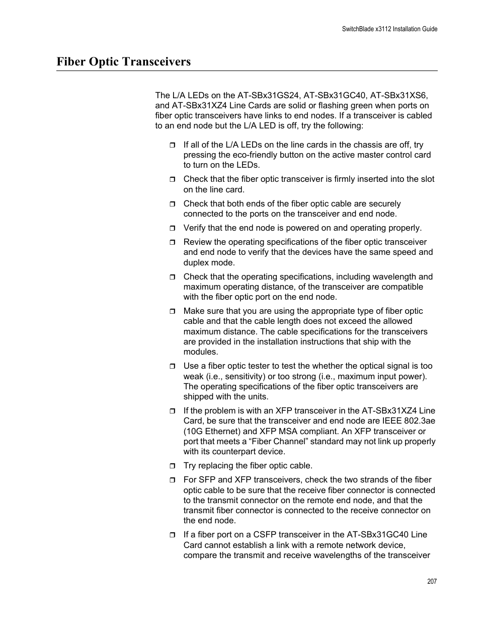 Fiber optic transceivers | Allied Telesis SwitchBlade x3112 User Manual | Page 207 / 222