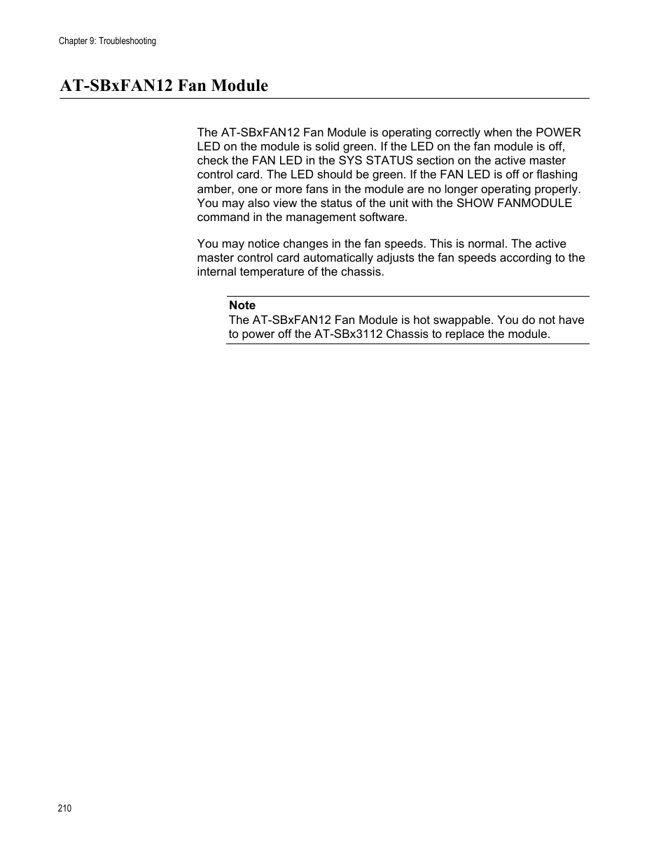 At-sbxfan12 fan module | Allied Telesis SwitchBlade x3112 User Manual | Page 210 / 222