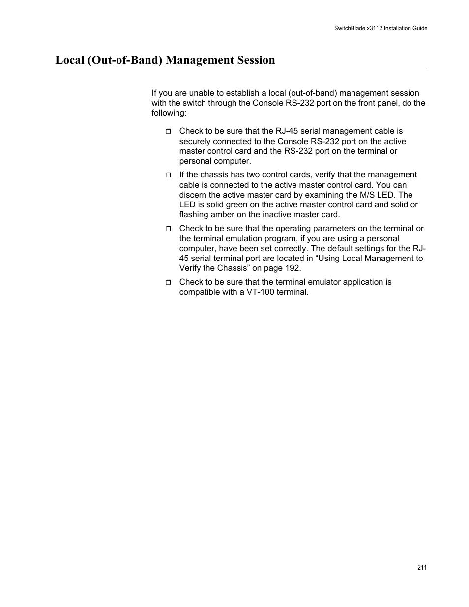 Local (out-of-band) management session | Allied Telesis SwitchBlade x3112 User Manual | Page 211 / 222