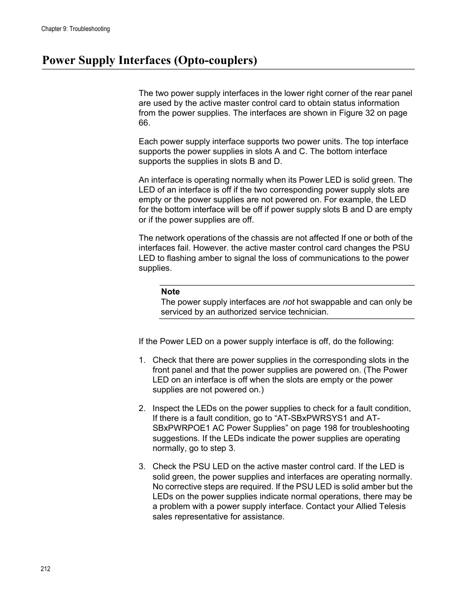 Power supply interfaces (opto-couplers) | Allied Telesis SwitchBlade x3112 User Manual | Page 212 / 222