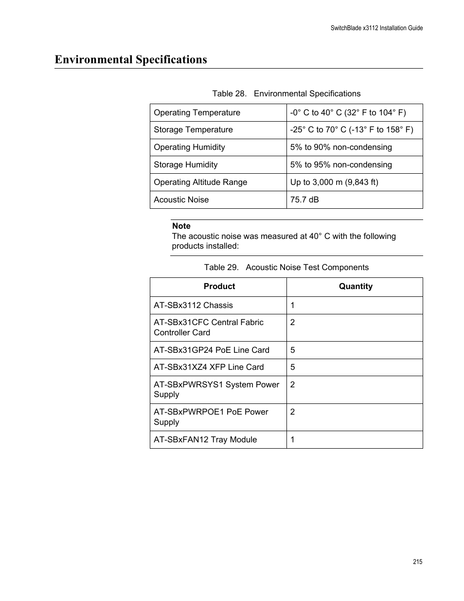 Environmental specifications | Allied Telesis SwitchBlade x3112 User Manual | Page 215 / 222