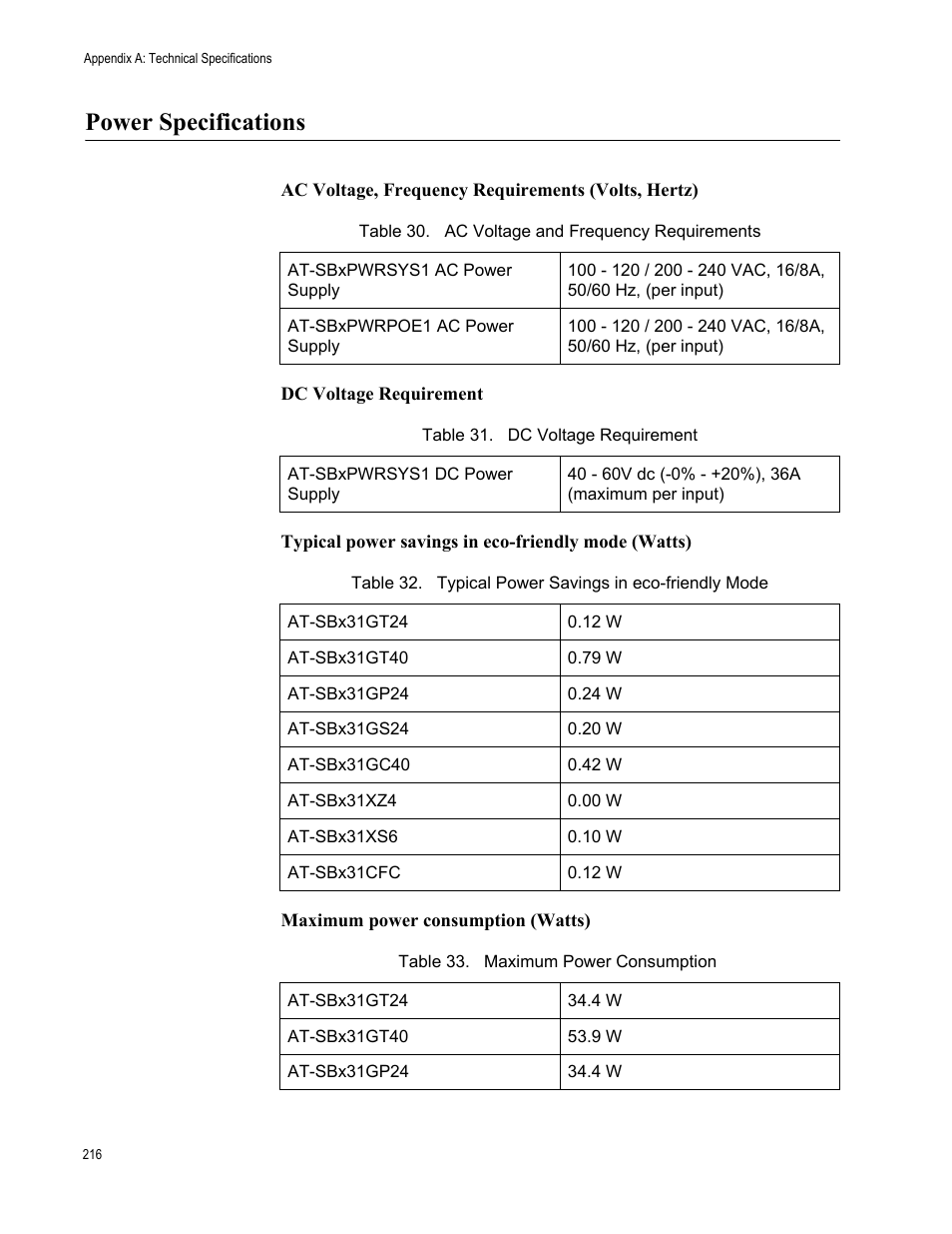 Power specifications | Allied Telesis SwitchBlade x3112 User Manual | Page 216 / 222