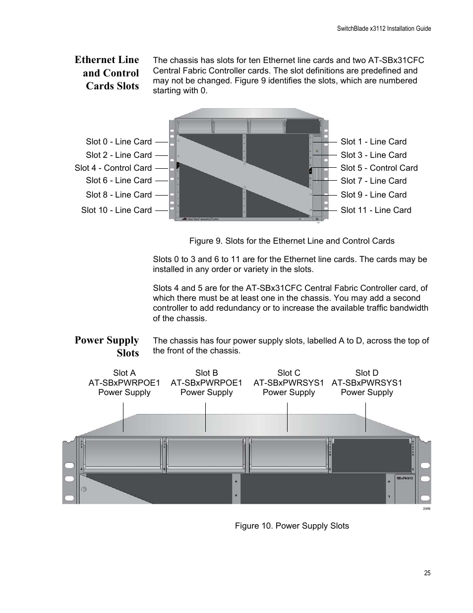 Ethernet line and control cards slots, Power supply slots | Allied Telesis SwitchBlade x3112 User Manual | Page 25 / 222