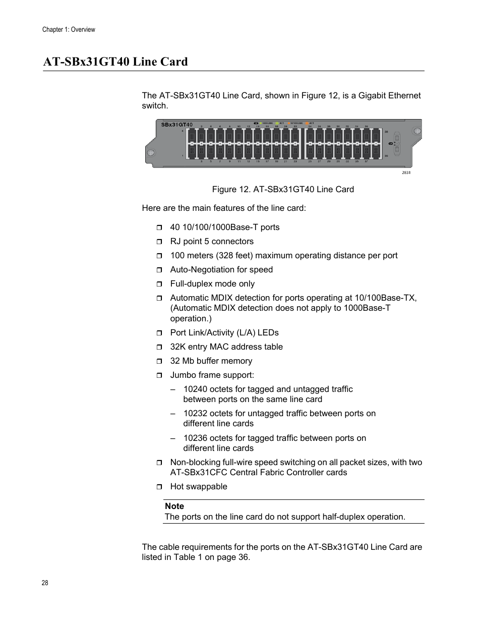 At-sbx31gt40 line card, Figure 12: at-sbx31gt40 line card | Allied Telesis SwitchBlade x3112 User Manual | Page 28 / 222