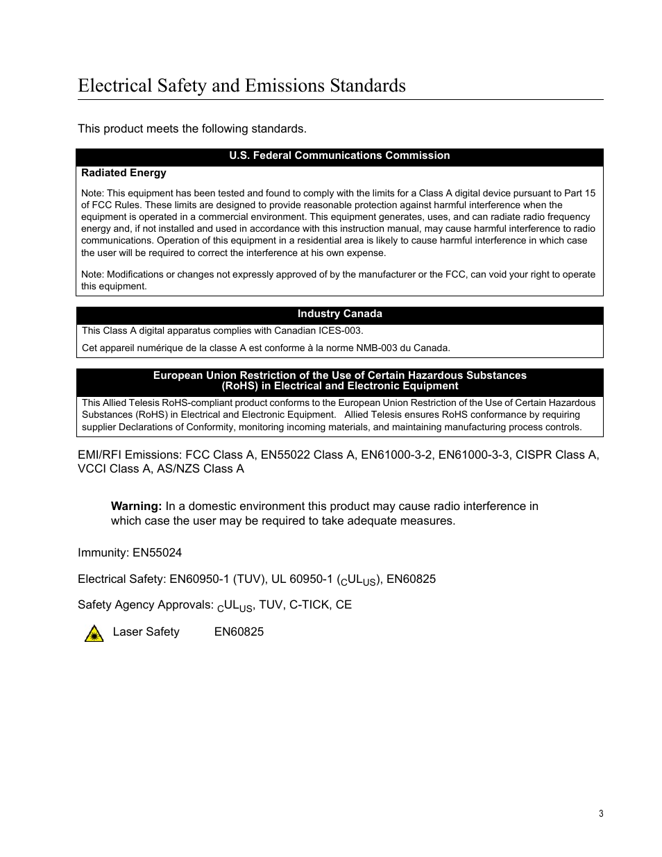 Electrical safety and emissions standards | Allied Telesis SwitchBlade x3112 User Manual | Page 3 / 222