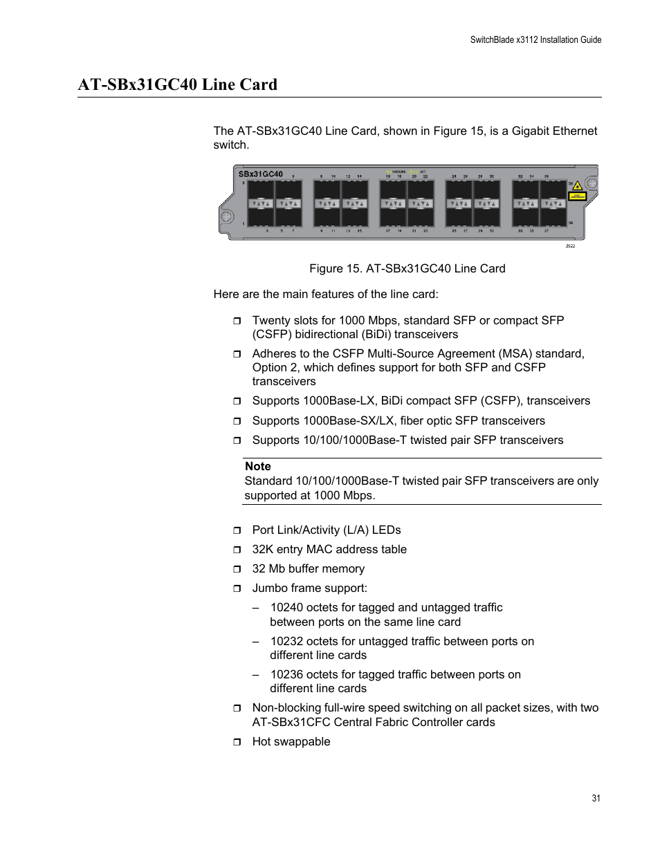 At-sbx31gc40 line card, Figure 15: at-sbx31gc40 line card | Allied Telesis SwitchBlade x3112 User Manual | Page 31 / 222