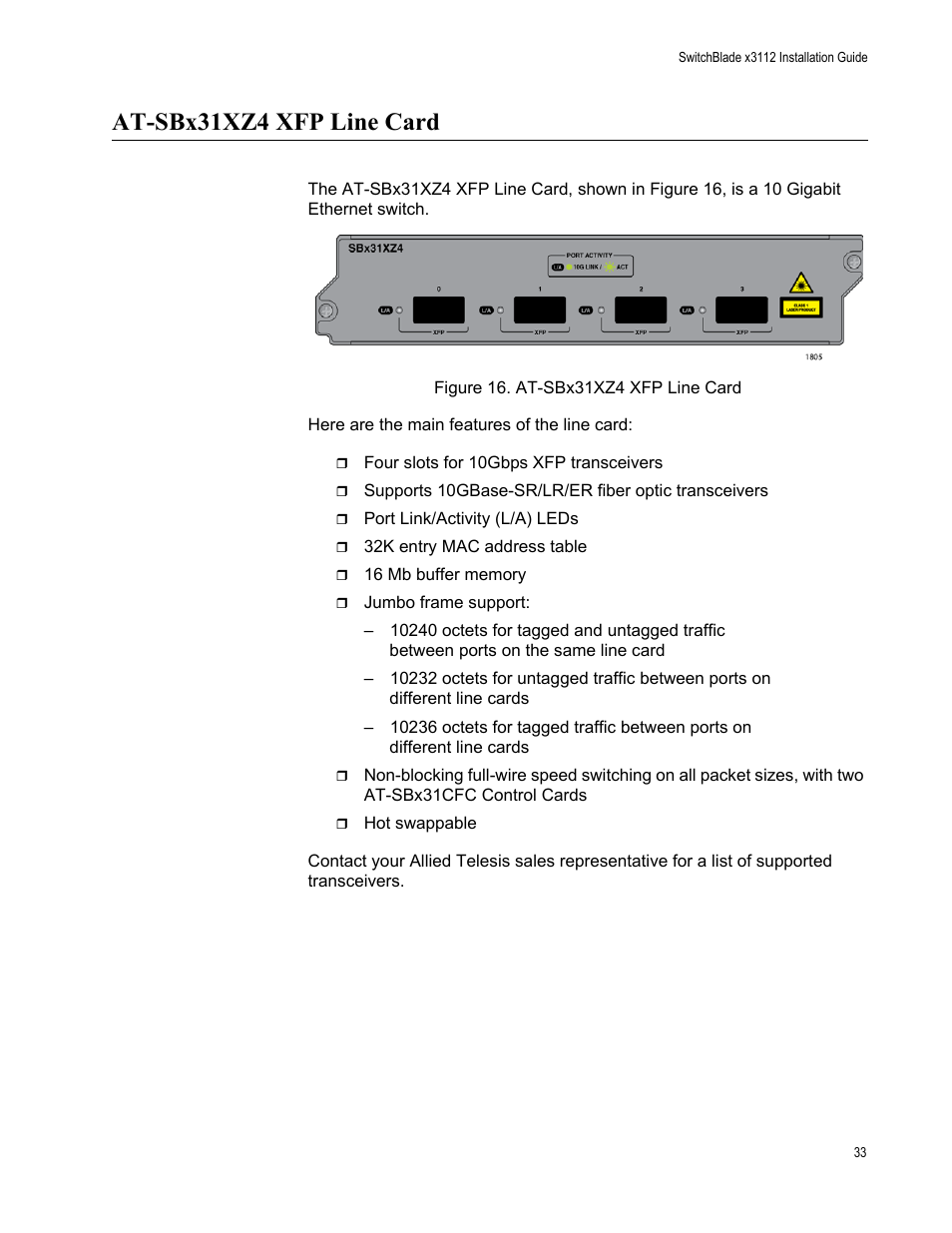 At-sbx31xz4 xfp line card, Figure 16: at-sbx31xz4 xfp line card | Allied Telesis SwitchBlade x3112 User Manual | Page 33 / 222