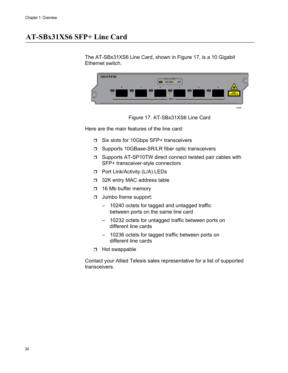 At-sbx31xs6 sfp+ line card, Figure 17: at-sbx31xs6 line card | Allied Telesis SwitchBlade x3112 User Manual | Page 34 / 222