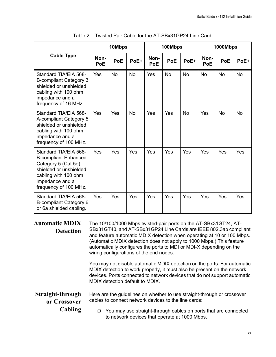 Automatic mdix detection, Straight-through or crossover cabling | Allied Telesis SwitchBlade x3112 User Manual | Page 37 / 222