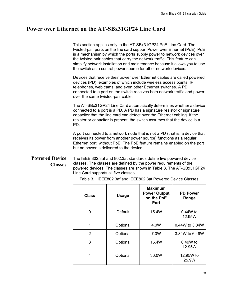 Power over ethernet on the at-sbx31gp24 line card, Powered device classes | Allied Telesis SwitchBlade x3112 User Manual | Page 39 / 222