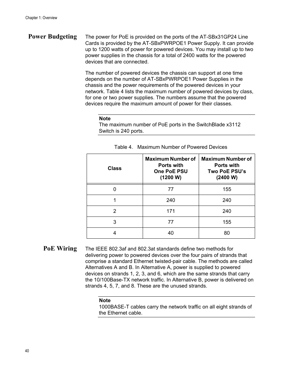 Power budgeting, Poe wiring, Power budgeting poe wiring | Table 4. maximum number of powered devices | Allied Telesis SwitchBlade x3112 User Manual | Page 40 / 222