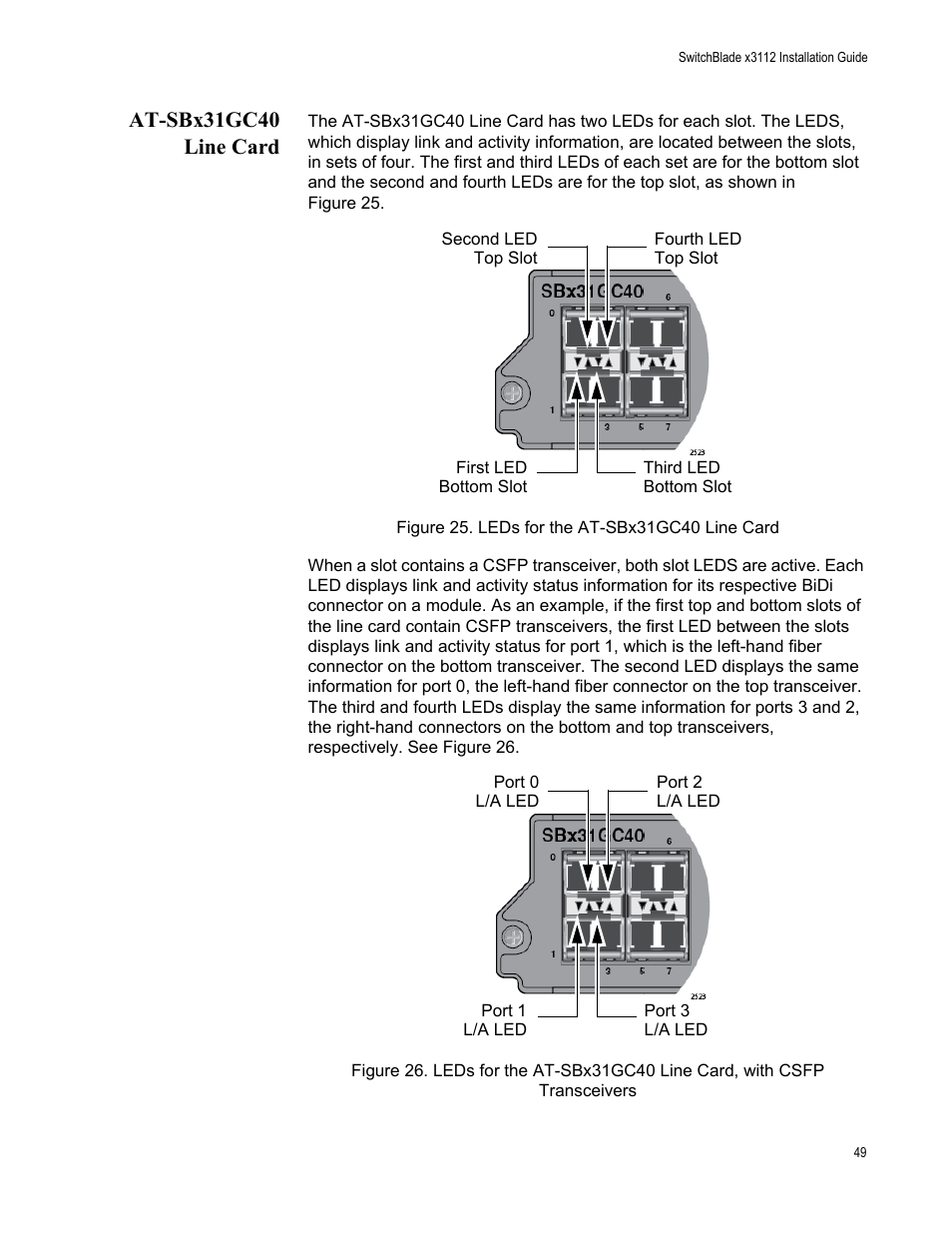At-sbx31gc40 line card | Allied Telesis SwitchBlade x3112 User Manual | Page 49 / 222